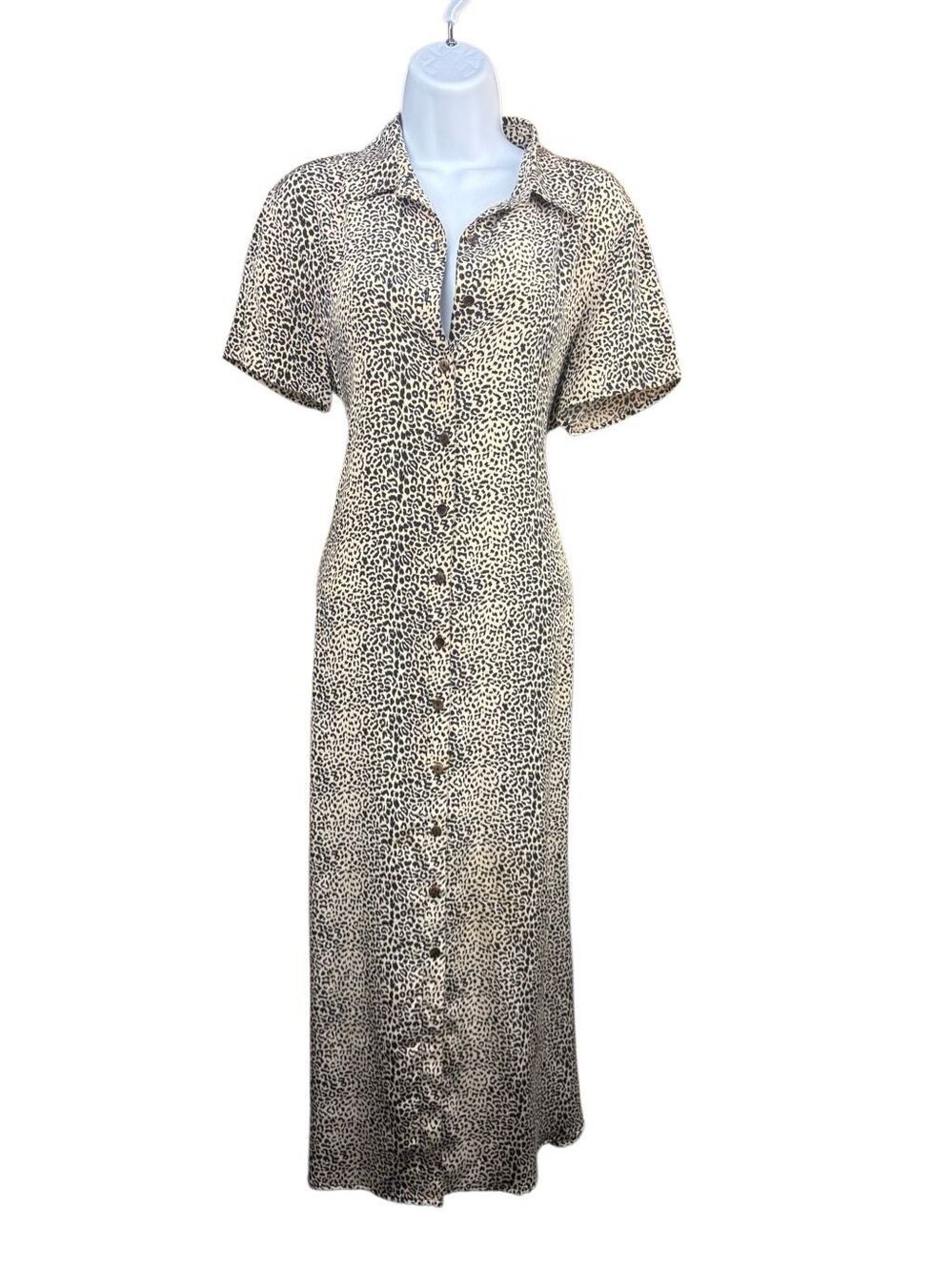 Vintage Robbie Bee 100% Silk Leopard Maxi Shirt Dress 10P Petite Leopard Print